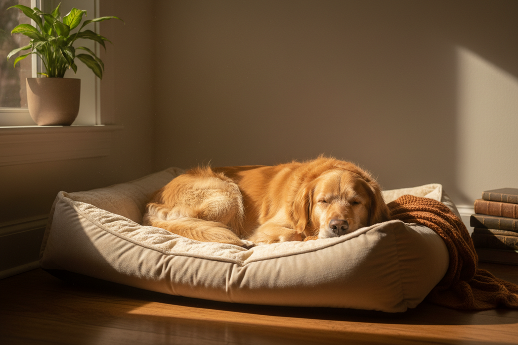 A calm dog resting on a soft bed in warm light

A dog wearing a calming vest in a relaxed home setting

A peaceful dog + soft textures (blanket, bed, toy nearby)