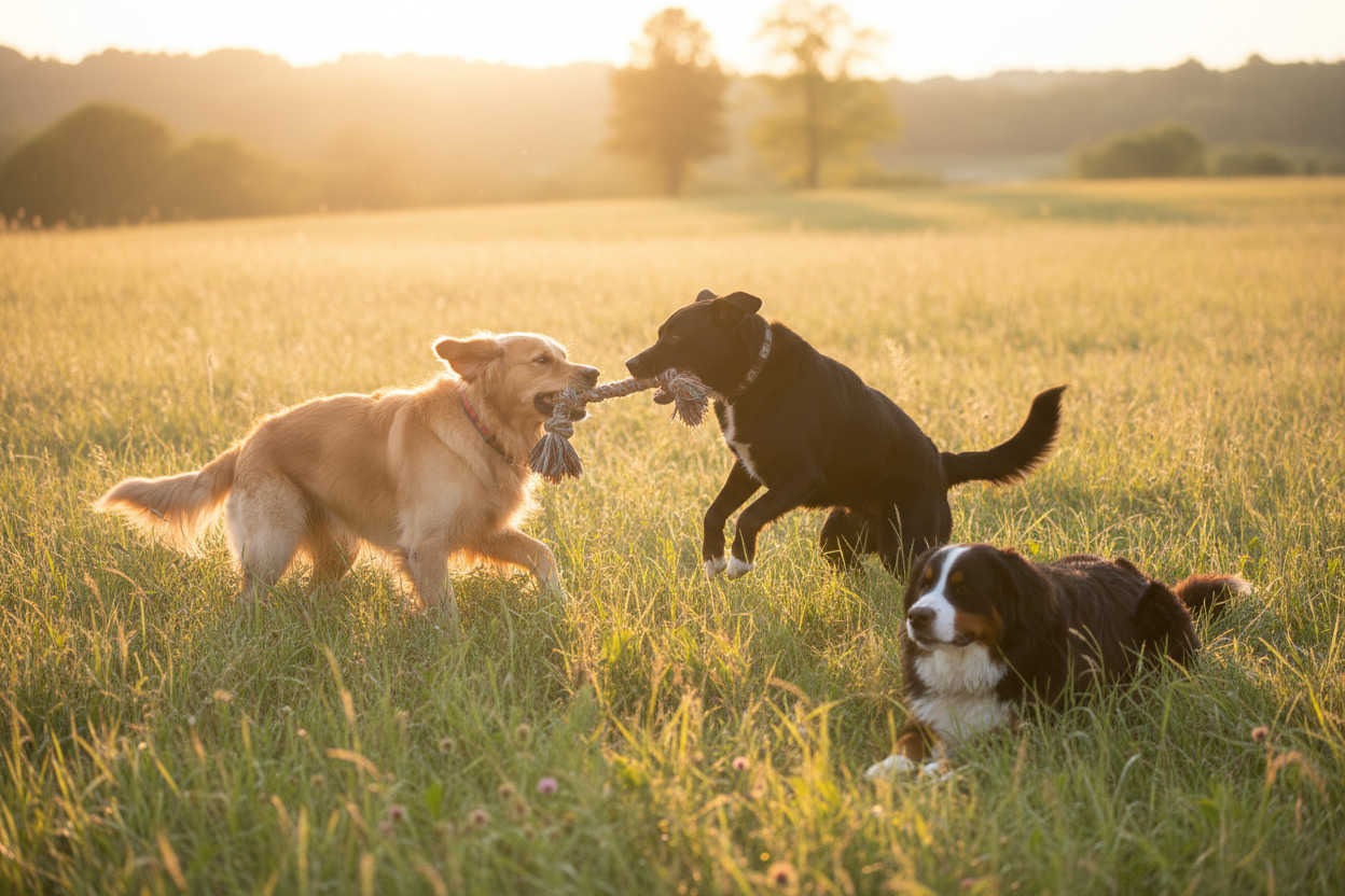 A realistic outdoor field

Two dogs actively playing/engaging (tug, chase, or fetch)

One dog calmly lying down, relaxed and observant

Warm natural lighting (golden hour look)

Perfect for NuviaPup branding or a Calm & Engage visual